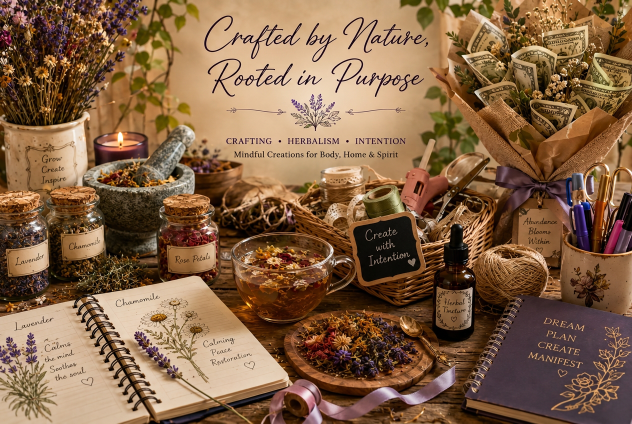 A warm, styled workspace with herbs, candles, crystals, money bouquets, tea, tinctures, and intention journals